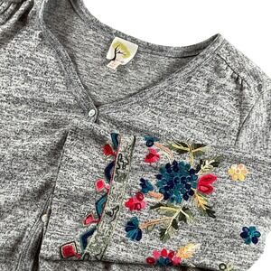 Fig and Flower Embroidered Bell‎ Sleeve Tie Front Cardigan Gray 1X
